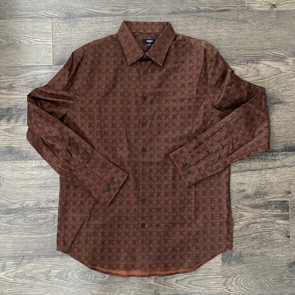 Vintage-Inspired Brown Print Button-Up Collared Retro 70s Long Sleeve Shirt Mens - Picture 1 of 3